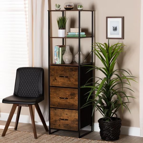 Hakan Modern Industrial Walnut Brown Finished Wood and Black Metal 3-Drawer Storage Cabinet, Baxton Studio, Mfr#: 200-12508-ZORO